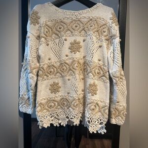 Vintage Boho Express Tricot Hand Knit Cotton Rayon Sweater in Cream Tan Size L